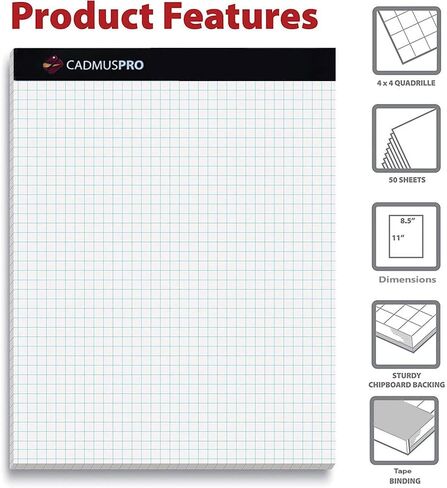 لوحة ورق رسم بياني مقاس 8.5 بوصة × 11 بوصة من CADMUSPRO، شبكة 1/4 بوصة 4 × 4، 50 ورقة لكل وسادة، شريط ربط، رائعة للرسم والرسم والرسومات الهندسية ورسم الرسم البياني in Kuwait