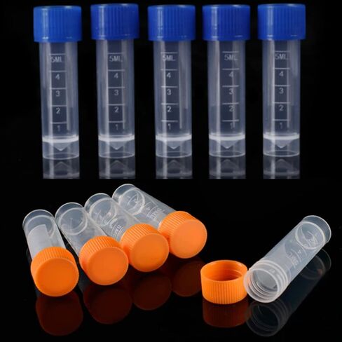 50 Pack 5ml Cryo Tubes，Plastic Graduated Vial Tube with Screw Caps,Small Test Sample Bottles Tubes Container with Lid，PP Material ，with Silica Gel Gasket (50) Bagged Blue and Orange in Saudi Arabia