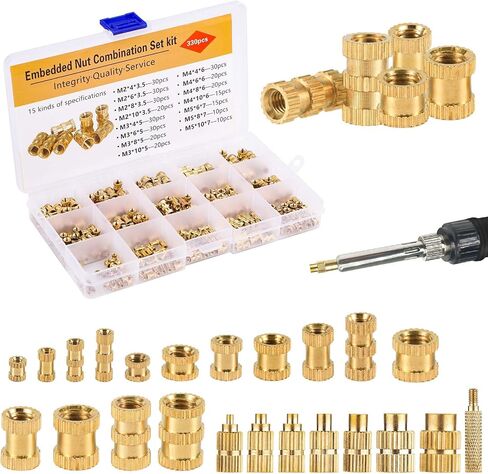M2 M2.5 M3 M4 M5 Threaded Inserts Set, 1 Hot Iron Heating Rod and 7 Tips Heat Set Inserts, 330 Brass Nuts Female Thread Knurled Nuts Hot Melt Nut for Plastic and 3D Printing Components in Saudi Arabia