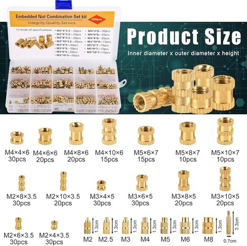 M2 M2.5 M3 M4 M5 Threaded Inserts Set, 1 Hot Iron Heating Rod and 7 Tips Heat Set Inserts, 330 Brass Nuts Female Thread Knurled Nuts Hot Melt Nut for Plastic and 3D Printing Components in Saudi Arabia