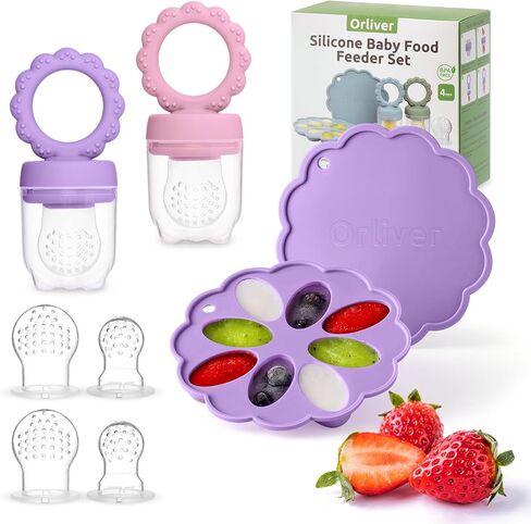 2 Pack Baby Fruit Feeder & Breastmilk Popsicle Molds Set, Silicone Baby Food Freezer Tray for Cooling Teething Relief, Baby Food Feeder for Safe Infant Self Feeding, Includes 6 Extra Food Pacifier in Saudi Arabia