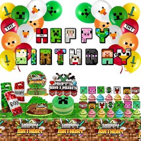 Pixel Game Birthday Party Decorations - Miner Supplies Set Gaming Theme - Including Banner Balloons Tablecloth Plates Toppers Napkins Favor Bags - Mining Bday Pack Craft Decor Kit Boys Girls in Saudi Arabia