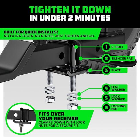 Rhino USA Hitch Tightener مشبك مضاد للخشخشة مع وسادة كاتم الصوت (لوصلات 1.25 و2 بوصة) مثبت وصلة مقطورة فولاذية شديدة التحمل - كاتم صوت واقٍ مقاوم للطقس ومضاد للصدأ لجهاز الاستقبال in Kuwait