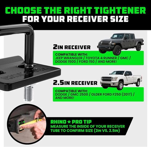 Rhino USA Hitch Tightener مشبك مضاد للخشخشة مع وسادة كاتم الصوت (لوصلات 1.25 و2 بوصة) مثبت وصلة مقطورة فولاذية شديدة التحمل - كاتم صوت واقٍ مقاوم للطقس ومضاد للصدأ لجهاز الاستقبال in Kuwait