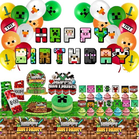 Pixel Game Birthday Party Decorations - Miner Supplies Set Gaming Theme - Including Banner Balloons Tablecloth Plates Toppers Napkins Favor Bags - Mining Bday Pack Craft Decor Kit Boys Girls in Saudi Arabia