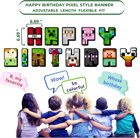 Pixel Game Birthday Party Decorations - Miner Supplies Set Gaming Theme - Including Banner Balloons Tablecloth Plates Toppers Napkins Favor Bags - Mining Bday Pack Craft Decor Kit Boys Girls in Saudi Arabia