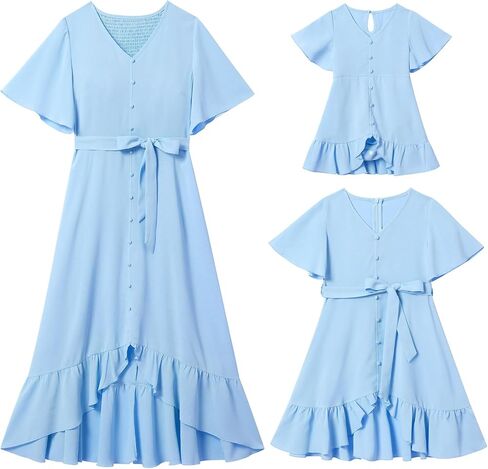 فستان AWIBMK Boho Mommy and Me للعطلات الصيفية كاجوال بأكمام مكشكشة ورقبة على شكل حرف v متوسطة الطول على شكل حرف a فساتين عالية ومنخفضة مع حزام in Saudi Arabia