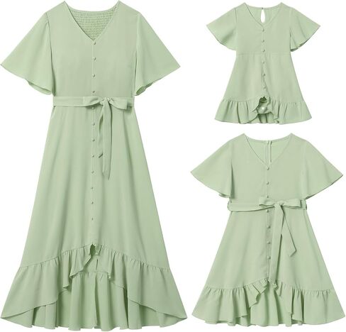 فستان AWIBMK Boho Mommy and Me للعطلات الصيفية كاجوال بأكمام مكشكشة ورقبة على شكل حرف v متوسطة الطول على شكل حرف a فساتين عالية ومنخفضة مع حزام in Saudi Arabia