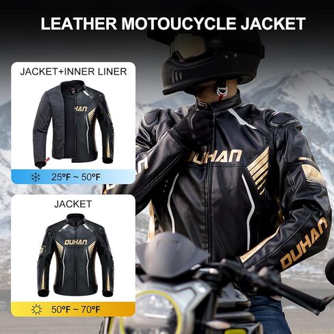 سترة جلدية للدراجات النارية للرجال من DUHAN، سترة ركوب مضادة للماء 3 في 1 مقاومة للرياح مع درع CE المستوى 2 in Kuwait