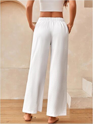SOLY HUX Women's Tie Front Elastic Waist Pants Wide Leg Low Rise Casual Trousers with Pockets in Kuwait
