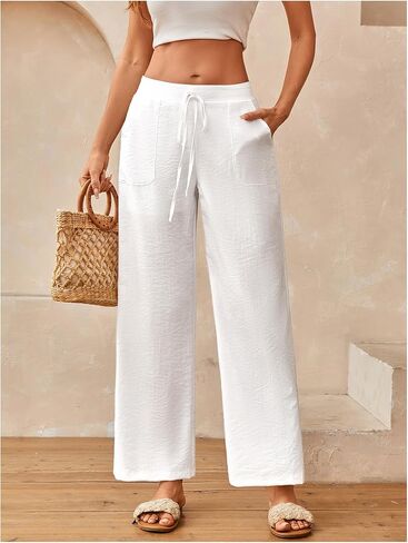 SOLY HUX Women's Tie Front Elastic Waist Pants Wide Leg Low Rise Casual Trousers with Pockets in Kuwait