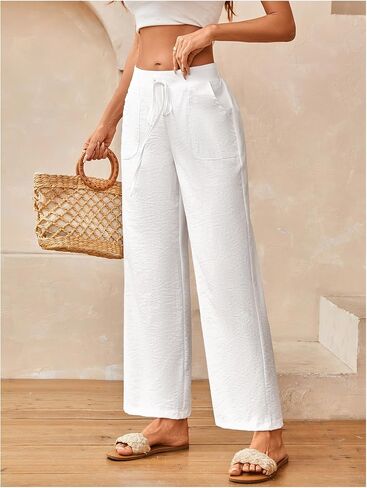 SOLY HUX Women's Tie Front Elastic Waist Pants Wide Leg Low Rise Casual Trousers with Pockets in Kuwait