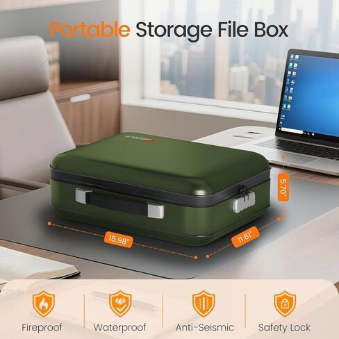 صندوق مستندات مقاوم للحريق مع قفل، حافظة صلبة مقاومة للماء بدرجة حرارة 5200 درجة فهرنهايت، صندوق آمن لتنظيم الملفات للمستندات المهمة والشهادات والكمبيوتر المحمول وجوازات السفر (أسود) in Kuwait