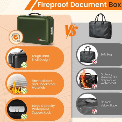 صندوق مستندات مقاوم للحريق مع قفل، حافظة صلبة مقاومة للماء بدرجة حرارة 5200 درجة فهرنهايت، صندوق آمن لتنظيم الملفات للمستندات المهمة والشهادات والكمبيوتر المحمول وجوازات السفر (أسود) in Kuwait