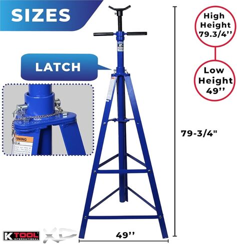 حامل ثلاثي القوائم للسيارات تحت الرافعة من K Tool International XD61002 بسعة 2 طن للكراجات ومحلات التصليح والأعمال اليدوية، 4000 رطل. السعة، نطاق الدعم 49 بوصة - 79.75 بوصة، فولاذ شديد التحمل، قاعدة 24 بوصة، سرج 3.25 بوصة، أزرق in Kuwait