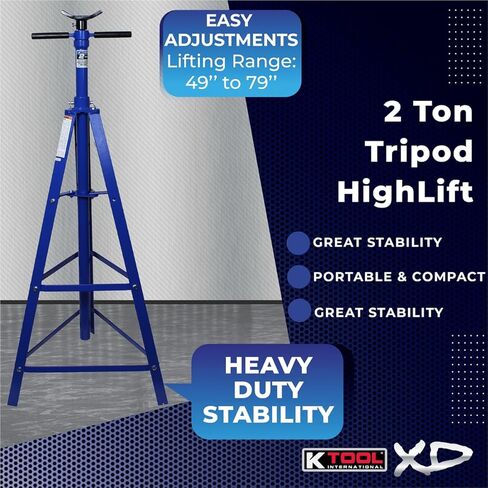 حامل ثلاثي القوائم للسيارات تحت الرافعة من K Tool International XD61002 بسعة 2 طن للكراجات ومحلات التصليح والأعمال اليدوية، 4000 رطل. السعة، نطاق الدعم 49 بوصة - 79.75 بوصة، فولاذ شديد التحمل، قاعدة 24 بوصة، سرج 3.25 بوصة، أزرق in Kuwait