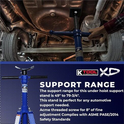 حامل ثلاثي القوائم للسيارات تحت الرافعة من K Tool International XD61002 بسعة 2 طن للكراجات ومحلات التصليح والأعمال اليدوية، 4000 رطل. السعة، نطاق الدعم 49 بوصة - 79.75 بوصة، فولاذ شديد التحمل، قاعدة 24 بوصة، سرج 3.25 بوصة، أزرق in Kuwait
