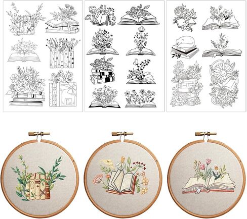 Water Soluble Embroidery Patterns Stabilizers, 3 Sheets Book Lover Stick and Stitch Papers Wash Away, Cat Flower Transfers Papers DIY Crafts Gifts for Hand Sewing Lover Beginners in Saudi Arabia