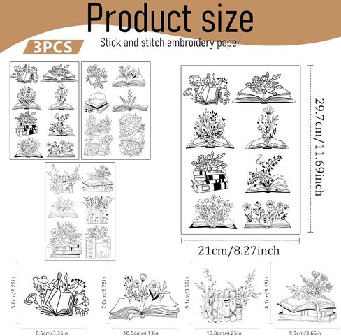 Water Soluble Embroidery Patterns Stabilizers, 3 Sheets Book Lover Stick and Stitch Papers Wash Away, Cat Flower Transfers Papers DIY Crafts Gifts for Hand Sewing Lover Beginners in Saudi Arabia
