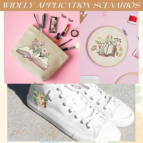 Water Soluble Embroidery Patterns Stabilizers, 3 Sheets Book Lover Stick and Stitch Papers Wash Away, Cat Flower Transfers Papers DIY Crafts Gifts for Hand Sewing Lover Beginners in Saudi Arabia
