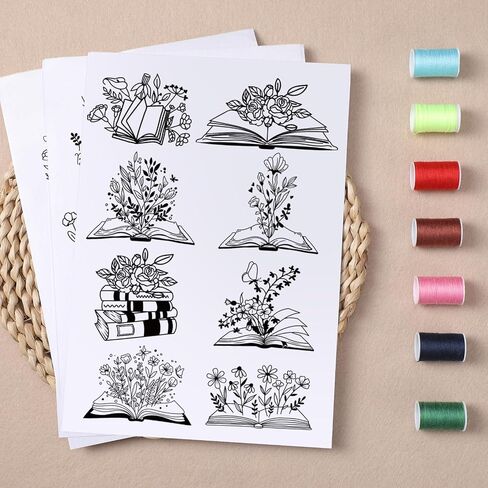 Water Soluble Embroidery Patterns Stabilizers, 3 Sheets Book Lover Stick and Stitch Papers Wash Away, Cat Flower Transfers Papers DIY Crafts Gifts for Hand Sewing Lover Beginners in Saudi Arabia