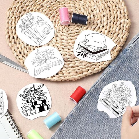 Water Soluble Embroidery Patterns Stabilizers, 3 Sheets Book Lover Stick and Stitch Papers Wash Away, Cat Flower Transfers Papers DIY Crafts Gifts for Hand Sewing Lover Beginners in Saudi Arabia
