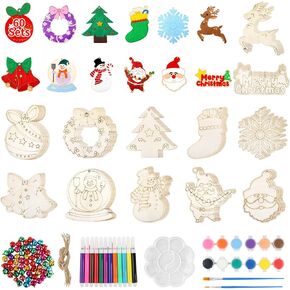 60 PCS Unfinished Wooden Christmas Ornaments to Paint 12 Styles Wood Ornaments for Crafts, DIY Christmas Tree Ornaments Craft Kit for Kids with Bells, Color Pens and Paint Set, Christmas Ornaments Set in Saudi Arabia