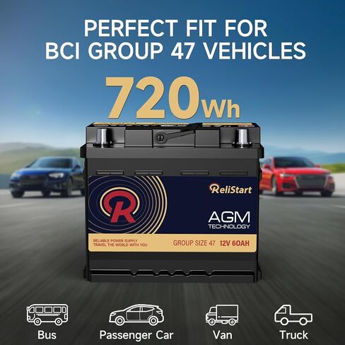 AGM Battery BCI Group 47 Car Battery-12v 60Ah H5 Size 47 Automotive Battery, 12V Battery Start and Stop Rechargeable Auto Starting Power, Deep Cycle,105RC, 680CCA in Saudi Arabia