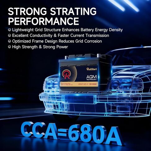 AGM Battery BCI Group 47 Car Battery-12v 60Ah H5 Size 47 Automotive Battery, 12V Battery Start and Stop Rechargeable Auto Starting Power, Deep Cycle,105RC, 680CCA in Saudi Arabia