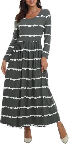 فستان نسائي طويل الأكمام من VintageClothing مع جيوب، فساتين طويلة فضفاضة كاجوال ناعمة بنقشة الزهور in Saudi Arabia