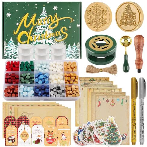 مجموعة ختم الشمع لعيد الميلاد من Lanstics ختم الشمع برأس نحاسي، 300 قطعة من خرز الشمع الختم في 3 ألوان، قطعتين من القلم المعدني، مقبض خشبي، ملعقة ذوبان، شموع الشاي لأظرف البطاقات، تغليف الهدايا in Kuwait