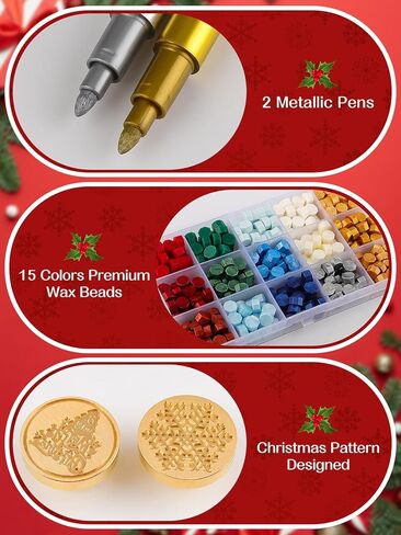 مجموعة ختم الشمع لعيد الميلاد من Lanstics ختم الشمع برأس نحاسي، 300 قطعة من خرز الشمع الختم في 3 ألوان، قطعتين من القلم المعدني، مقبض خشبي، ملعقة ذوبان، شموع الشاي لأظرف البطاقات، تغليف الهدايا in Kuwait