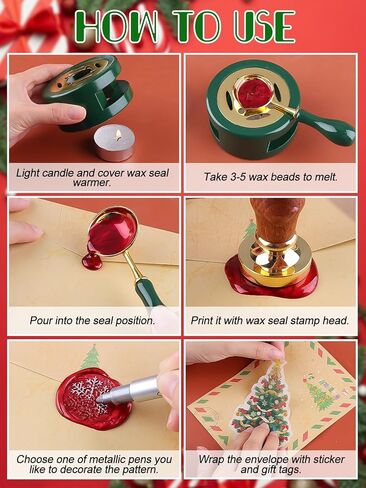 مجموعة ختم الشمع لعيد الميلاد من Lanstics ختم الشمع برأس نحاسي، 300 قطعة من خرز الشمع الختم في 3 ألوان، قطعتين من القلم المعدني، مقبض خشبي، ملعقة ذوبان، شموع الشاي لأظرف البطاقات، تغليف الهدايا in Kuwait