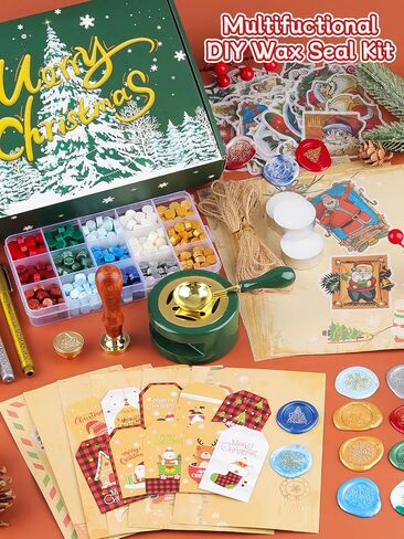 مجموعة ختم الشمع لعيد الميلاد من Lanstics ختم الشمع برأس نحاسي، 300 قطعة من خرز الشمع الختم في 3 ألوان، قطعتين من القلم المعدني، مقبض خشبي، ملعقة ذوبان، شموع الشاي لأظرف البطاقات، تغليف الهدايا in Kuwait