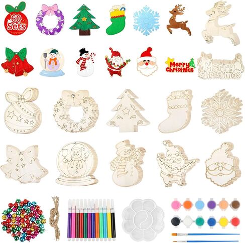 60 PCS Unfinished Wooden Christmas Ornaments to Paint 12 Styles Wood Ornaments for Crafts, DIY Christmas Tree Ornaments Craft Kit for Kids with Bells, Color Pens and Paint Set, Christmas Ornaments Set in Saudi Arabia