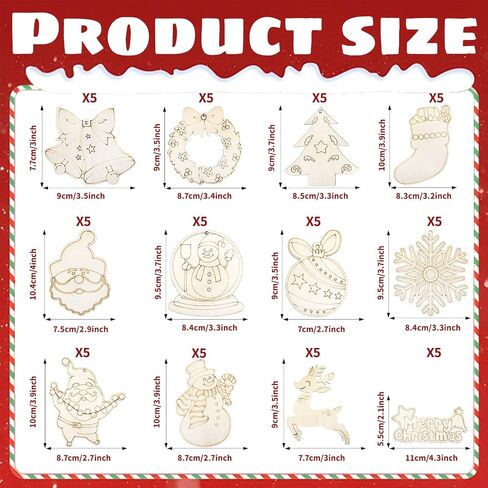 60 PCS Unfinished Wooden Christmas Ornaments to Paint 12 Styles Wood Ornaments for Crafts, DIY Christmas Tree Ornaments Craft Kit for Kids with Bells, Color Pens and Paint Set, Christmas Ornaments Set in Saudi Arabia