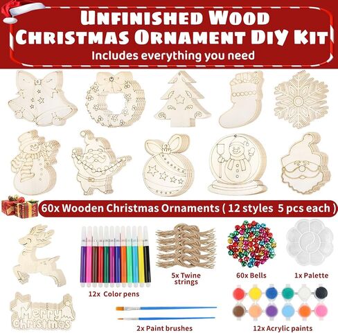 60 PCS Unfinished Wooden Christmas Ornaments to Paint 12 Styles Wood Ornaments for Crafts, DIY Christmas Tree Ornaments Craft Kit for Kids with Bells, Color Pens and Paint Set, Christmas Ornaments Set in Saudi Arabia