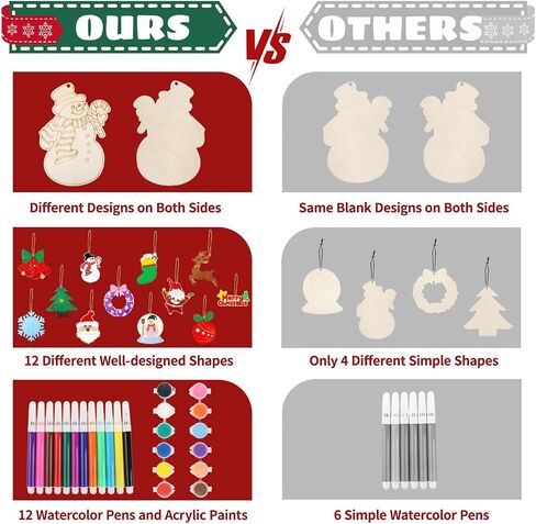 60 PCS Unfinished Wooden Christmas Ornaments to Paint 12 Styles Wood Ornaments for Crafts, DIY Christmas Tree Ornaments Craft Kit for Kids with Bells, Color Pens and Paint Set, Christmas Ornaments Set in Saudi Arabia