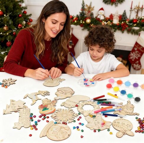 60 PCS Unfinished Wooden Christmas Ornaments to Paint 12 Styles Wood Ornaments for Crafts, DIY Christmas Tree Ornaments Craft Kit for Kids with Bells, Color Pens and Paint Set, Christmas Ornaments Set in Saudi Arabia