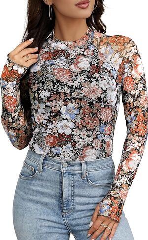 Buauty ملابس علوية بأكمام طويلة ورقبة وهمية مزهّرة للخروج للنساء ملابس عصرية مزدوجة مبطنة ملابس للتاريخ والليل in Kuwait