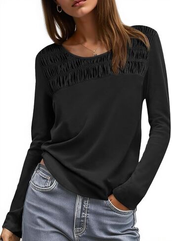 Tankaneo Womens Smocked Long Sleeve Shirts Casual Crew Neck Curved Hem Tunic Tops Loose Fit Basic Tee in Saudi Arabia