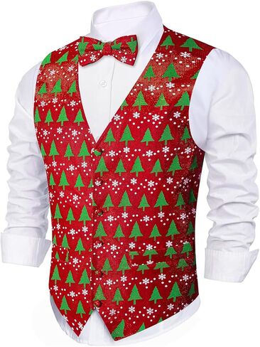 Barry.Wang Mens Christmas Suit Vest Holiday Festival Xmas Jacquard Waistcoat Tie/Bowtie Set Halloween Party in Kuwait