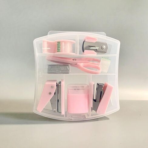8pcs/Set Tape Dispenser Portable Hole Punch, Staple Lifter Small Tape, Pencil Holder, Scissors, and 500#10 Staples Mini Office Supplies Paper Clip Holder for Desk (Pink) in Saudi Arabia