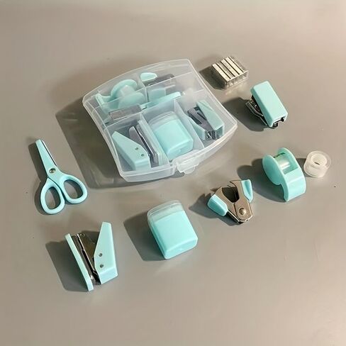 8pcs/Set Tape Dispenser Portable Hole Punch, Staple Lifter Small Tape, Pencil Holder, Scissors, and 500#10 Staples Mini Office Supplies Paper Clip Holder for Desk (Pink) in Saudi Arabia