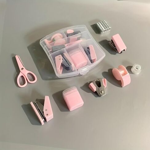 8pcs/Set Tape Dispenser Portable Hole Punch, Staple Lifter Small Tape, Pencil Holder, Scissors, and 500#10 Staples Mini Office Supplies Paper Clip Holder for Desk (Pink) in Saudi Arabia
