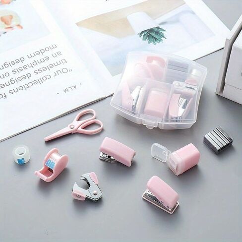 8pcs/Set Tape Dispenser Portable Hole Punch, Staple Lifter Small Tape, Pencil Holder, Scissors, and 500#10 Staples Mini Office Supplies Paper Clip Holder for Desk (Pink) in Saudi Arabia