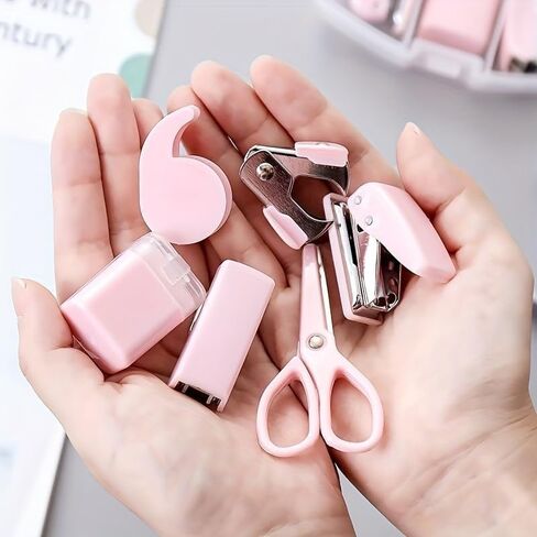 8pcs/Set Tape Dispenser Portable Hole Punch, Staple Lifter Small Tape, Pencil Holder, Scissors, and 500#10 Staples Mini Office Supplies Paper Clip Holder for Desk (Pink) in Saudi Arabia