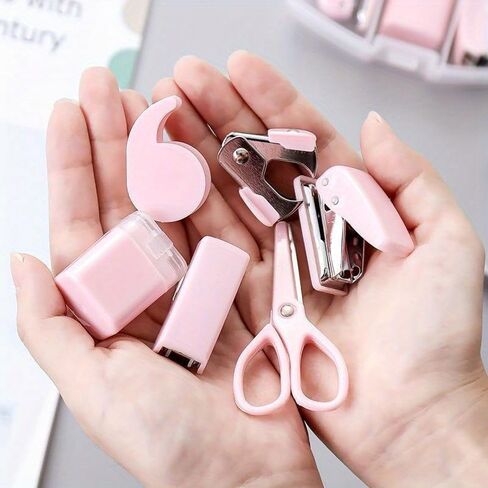 8pcs/Set Tape Dispenser Portable Hole Punch, Staple Lifter Small Tape, Pencil Holder, Scissors, and 500#10 Staples Mini Office Supplies Paper Clip Holder for Desk (Pink) in Saudi Arabia