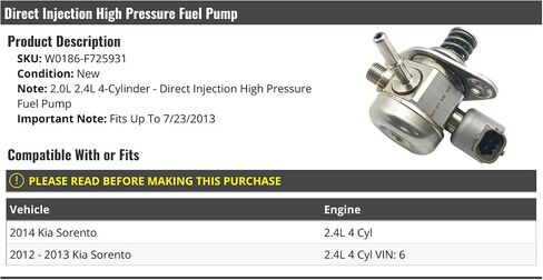 Direct Injection High Pressure Fuel Pump - Compatible with 2012-2014 Kia Sorento 2.4L 4-Cylinder (Fits Up To 7/23/2013) in Saudi Arabia