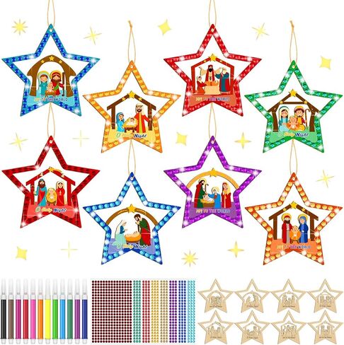 48 Pcs Christmas Wooden Nativity Craft Kit Make Your Own Christmas Nativity Star Ornaments Christian Religious Xmas Craft with Gem Sticker Church Party Decoration Supplies in Saudi Arabia